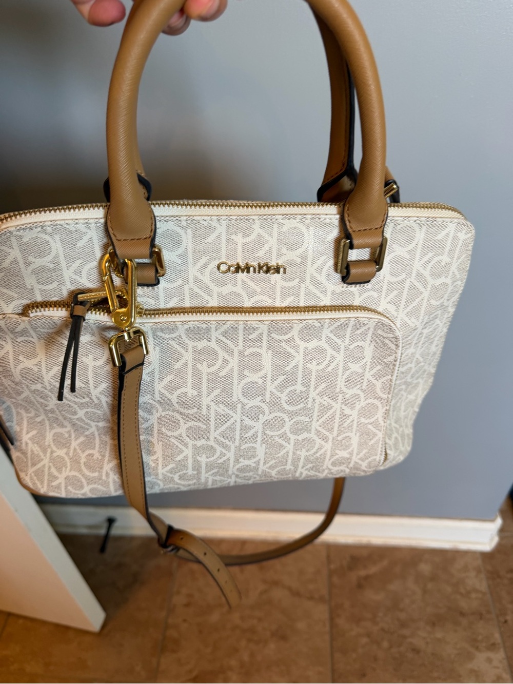 Calvin Klein Cream Logo Satchel with Brown Trim and Gold Hardware